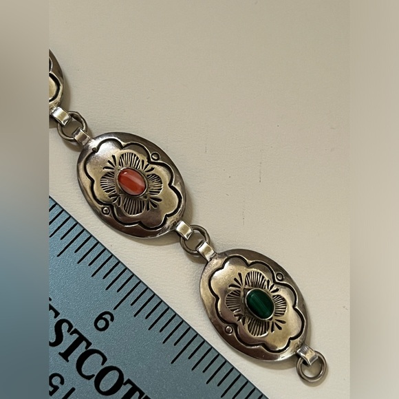 Vintage Sterling Silver Turquoise Coral Onyx Bracelet - Picture 2 of 8